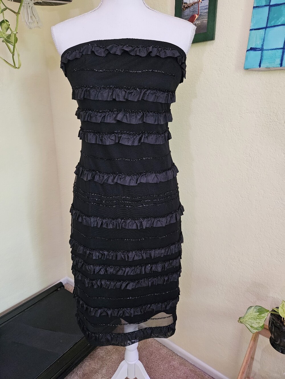 Cache Women’s Strapless Black Ruffle Sheath Dress Sz 10